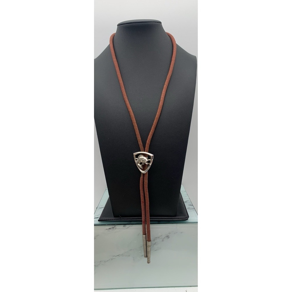 Vintage Brown Cord Silver Tone Tipped Bass Fish Bolo Tie